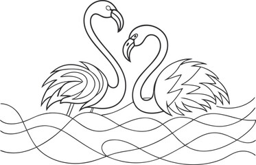 Two Elegant Flamingos in Love, Water, Line Art, Nature, Birds