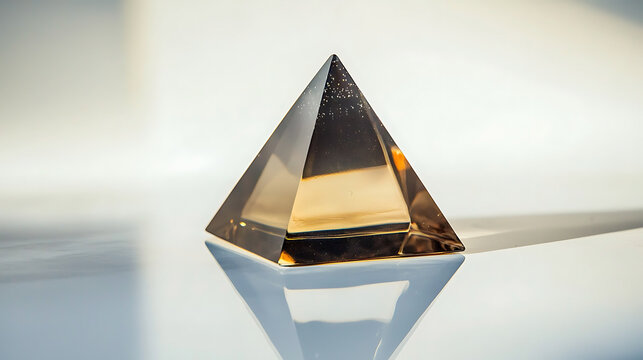 A pyramid shaped glass object is sitting on a white surface