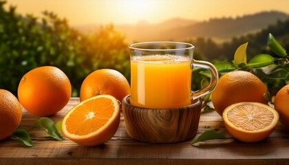 Jugo de naranja natural servido en taza rústica. GENERADO CON AI