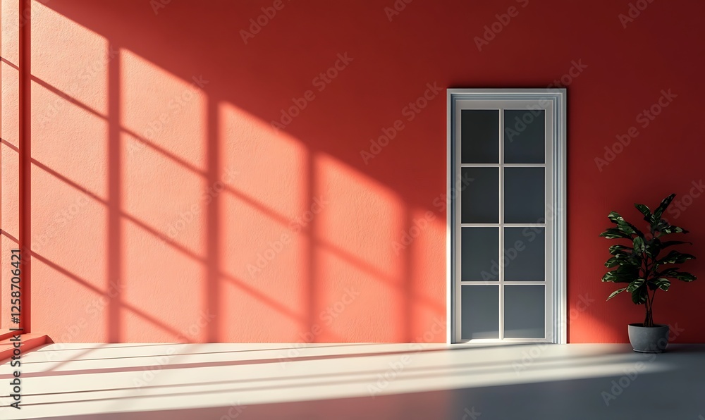 Poster a minimalist interior with a door and large window casting shadows on a coral wall t with a backdrop