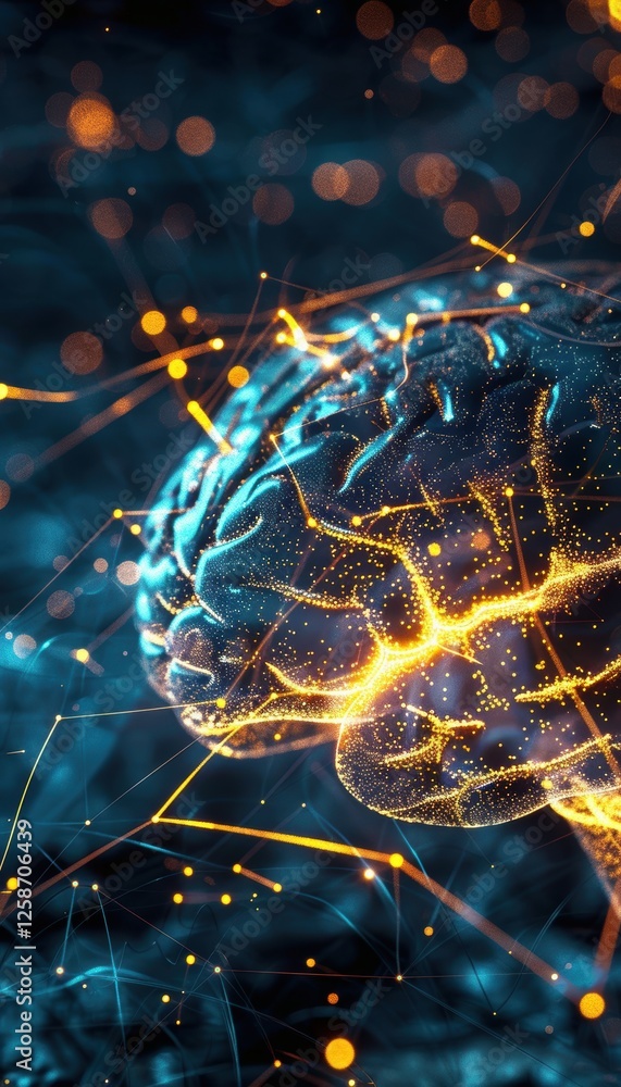 Poster interconnected neural pathways with glowing brain and abstract light trails for creative design