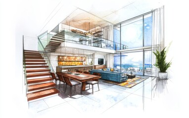 Oceanview penthouse architectural rendering, open-plan living, luxury design, coastal background, real estate marketing