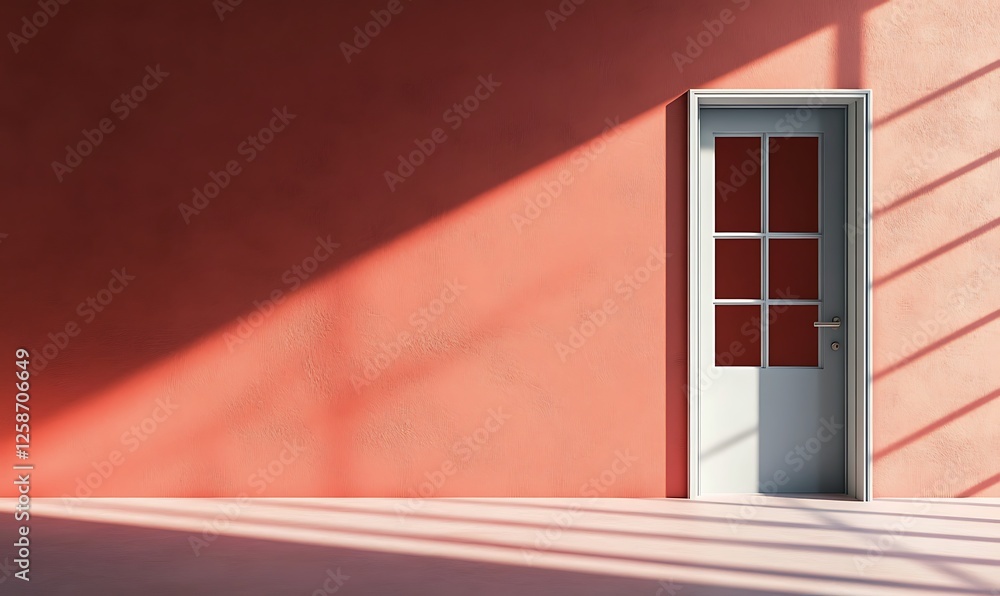Poster a minimalist interior with a door and large window casting shadows on a coral wall t with a backdrop