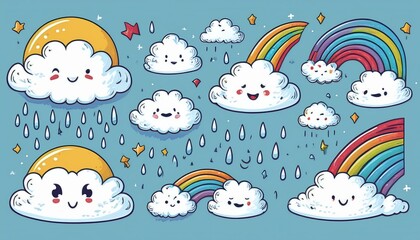 Cloud rain weather cartoon cute set. Cloud, sun, moon weather character with smile and angry face. Hand drawn doodle sketch style. Rainbow, wind, tornado doodle character. perfect any project.