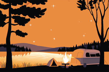 Create a vibrant vector illustration of a lakeside campfire scene at night, featuring a pitched tent, a camera, and warm, inviting campfire light.