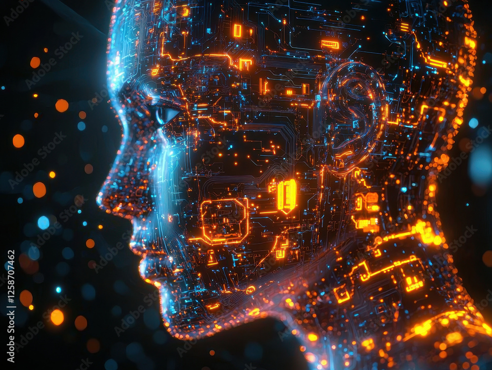 Poster portrait of advanced ai humanoid showcasing intricate circuits and glowing neural pathways