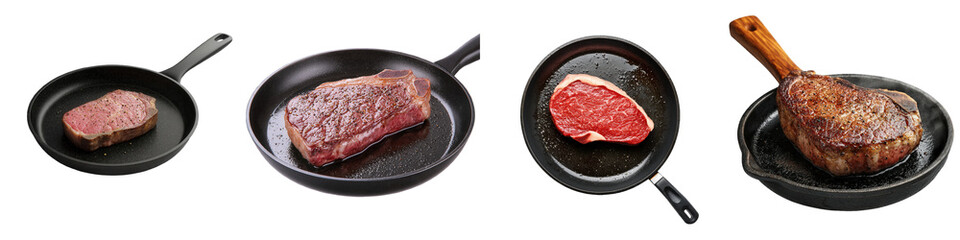 Assorted meats in frying pans on a dark background.