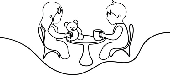 Childrens Tea Party Line Art Drawing of Two Kids