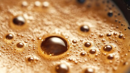 Close-up view of crema on freshly brewed espresso with tiny golden bubbles and ample copy space. Generative AI