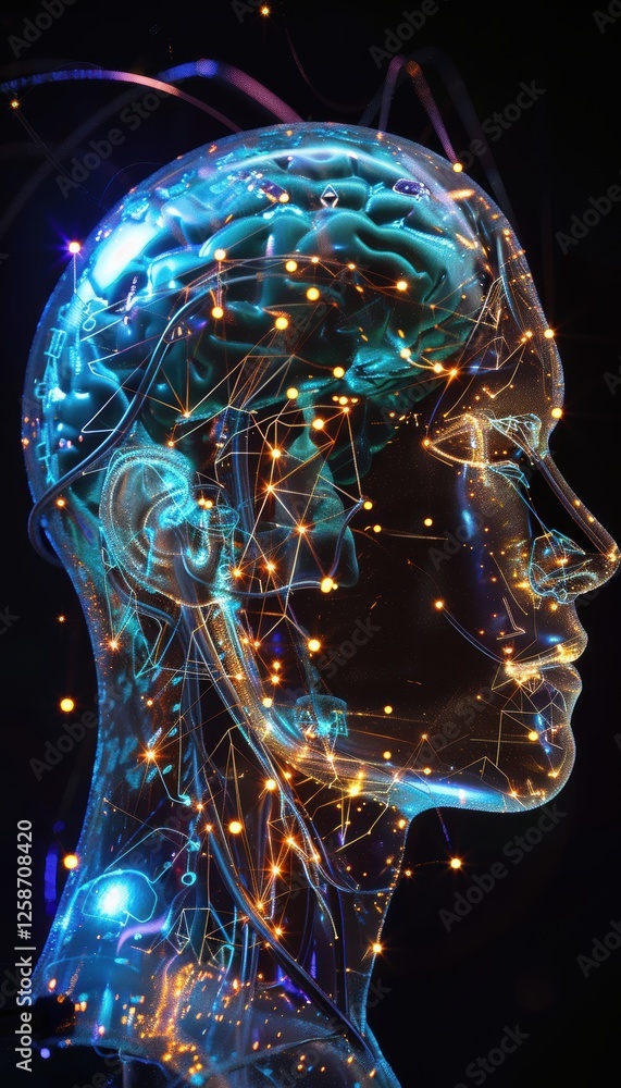 Poster futuristic human augmentation with neural implants and led pathways for tech innovation designs