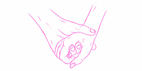 two hands holding each other, drawn in a minimalist pink line art style vector illustration