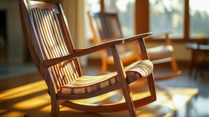 Cherry wood rocking chair highlighting craftsmanship and design in a sunlit room with a serene winter backdrop