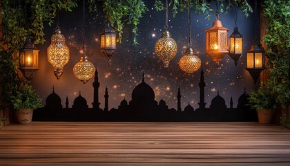 Festive Ramadan Lanterns Hanging Night Scene Wooden Deck Background