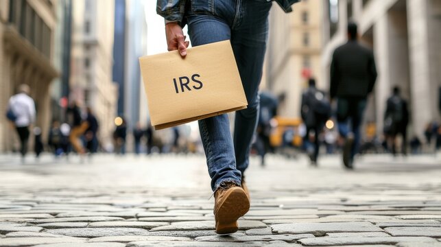 tax deadline panic, a taxpayer rushes to the post office with irs envelope in hand, submitting tax forms against a blurred city street