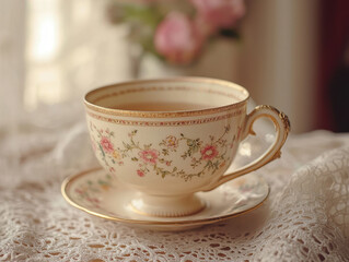 Delicate porcelain teacup on lace tablecloth in soft sunlight with floral patterns