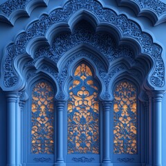 Obraz premium Delicate arabesque designs create enchanting shadows against a soothing turquoise wall, echoing the elegance of traditional architecture. Soft orange light filters through, enhancing the artwork
