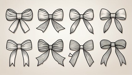 Bow gift ribbon line simple element set. Hand drawn doodle stroke ribbon bow. Elegant minimal line stroke style. perfect any project.