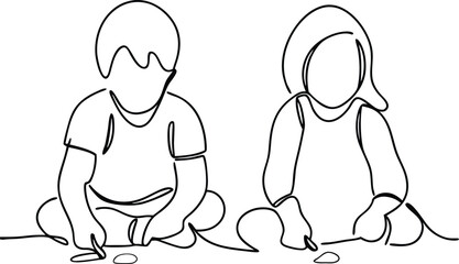 Childhood Play Two Toddlers Drawing with Stones Simple Line Art