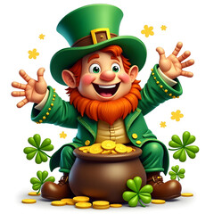 Cartoon Leprechaun with Pot of Gold, Celebrating St. Patrick's Day Joyfully