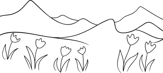 Simple Line Drawing Mountain Landscape with Spring Flowers