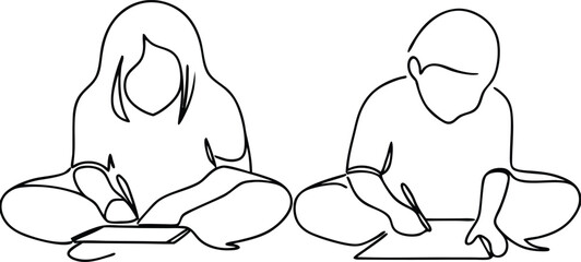Childrens Line Art Drawing Kids Sitting, Writing, Studying