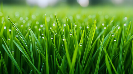 A close-up of morning dew drops glistening on soft green grass, capturing the essence of fresh water
