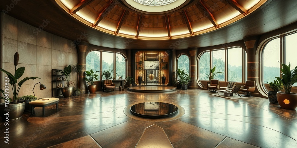 Poster a large room with a circular floor and a large window. the room is filled with plants and has a mode