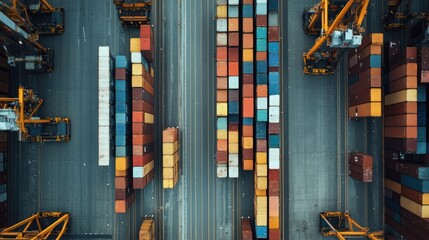 Obraz premium Aerial View of a Busy Cargo Port: Stacks of Colorful Shipping Containers and Industrial Cranes