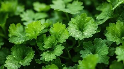 Fresh cilantro leaves, dew drops, garden, close-up, food ingredient