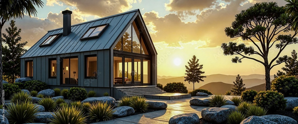 Poster a house with a large garden and a path leading to it. the house is surrounded by trees and has a vie