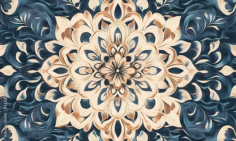 Poster intricate floral mandala design with symmetrical patterns and soft color contrasts creating a soothi