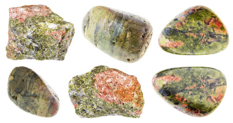 natural specimens of uncut unakite rocks cutout
