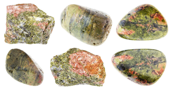 natural specimens of uncut unakite rocks cutout