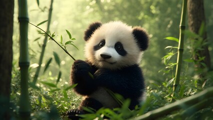 Fototapeta premium Baby panda eating in the forest