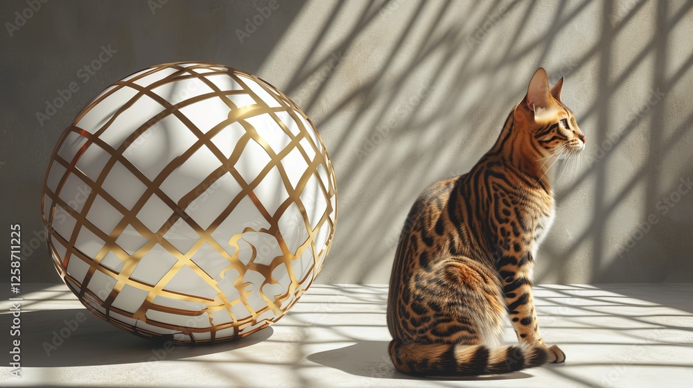 Poster a bengal cat sits beside a golden geometric sphere, bathed in soft sunlight casting intricate shadow