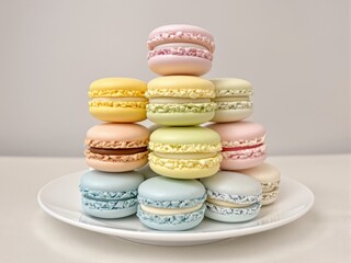 Fototapeta premium Pastel Macarons Tower on White Plate