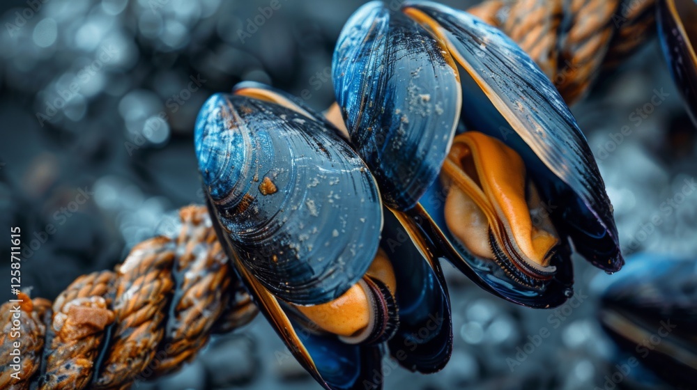 Poster mussels are securely attached to a weathered rope, showcasing their vibrant shells and rich textures