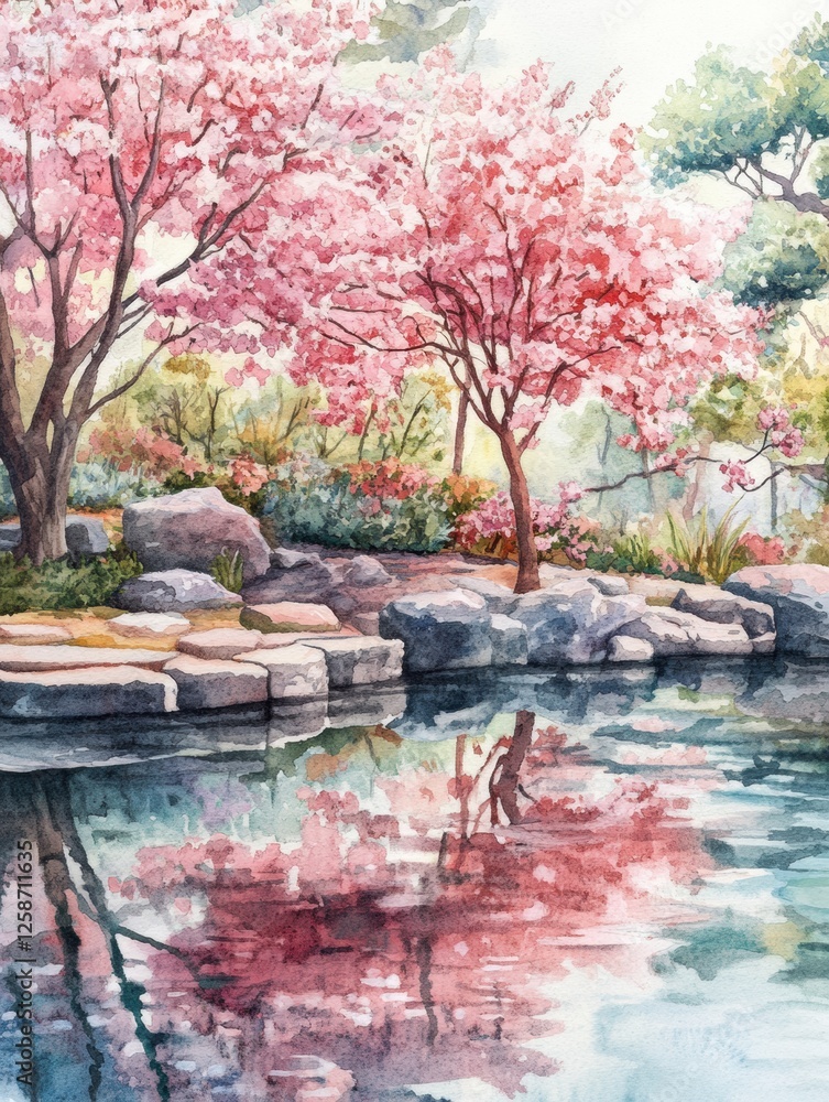 Aufkleber serene water garden with blooming cherry trees reflecting in a tranquil pond during springtime in a 
