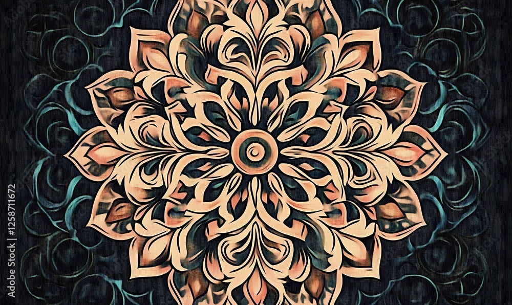 Poster intricate floral mandala design with symmetrical patterns and soft color contrasts creating a soothi