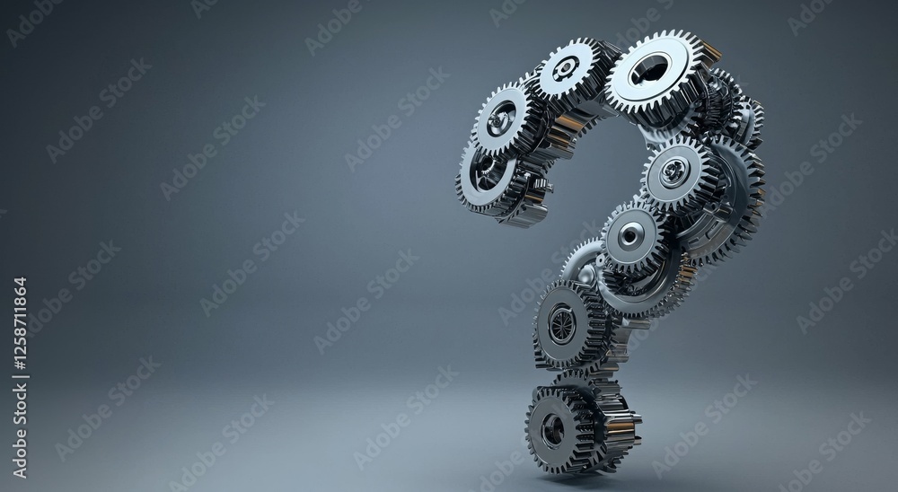 Poster a creative representation of a question mark composed of interlocking gears, symbolizing inquiry and