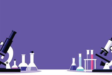 Create a vibrant vector background depicting a modern medical laboratory setting, featuring microscopes, test tubes, and DNA strands, subtly incorporating the letter 'M'.