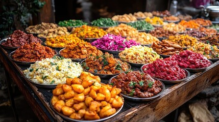 Fototapeta premium Colorful food market stall displays diverse dishes
