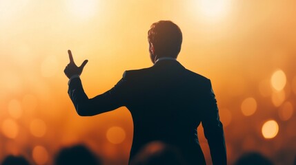 A silhouette of a speaker gesturing on stage, surrounded by a warm, vibrant glow, creating an inspiring atmosphere.