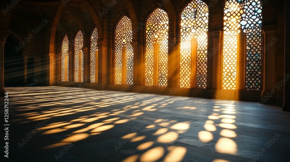 Aufkleber Golden sunlight streams through detailed lattice windows in a mosque, creating mesmerizing patterns on the stone floor. The atmosphere exudes tranquility and spirituality during the evening hours