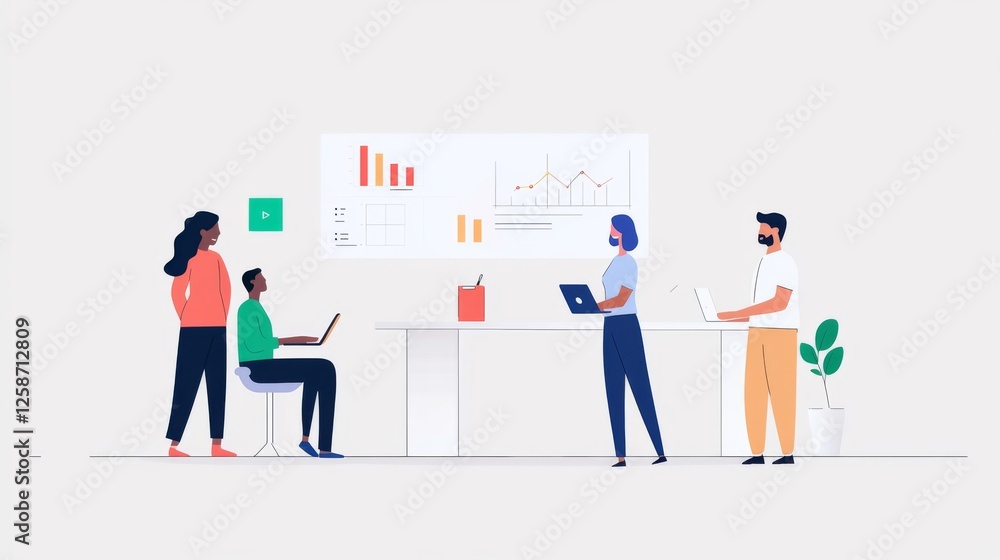 Poster a modern office setting features diverse professionals collaborating, analyzing data on a screen, an