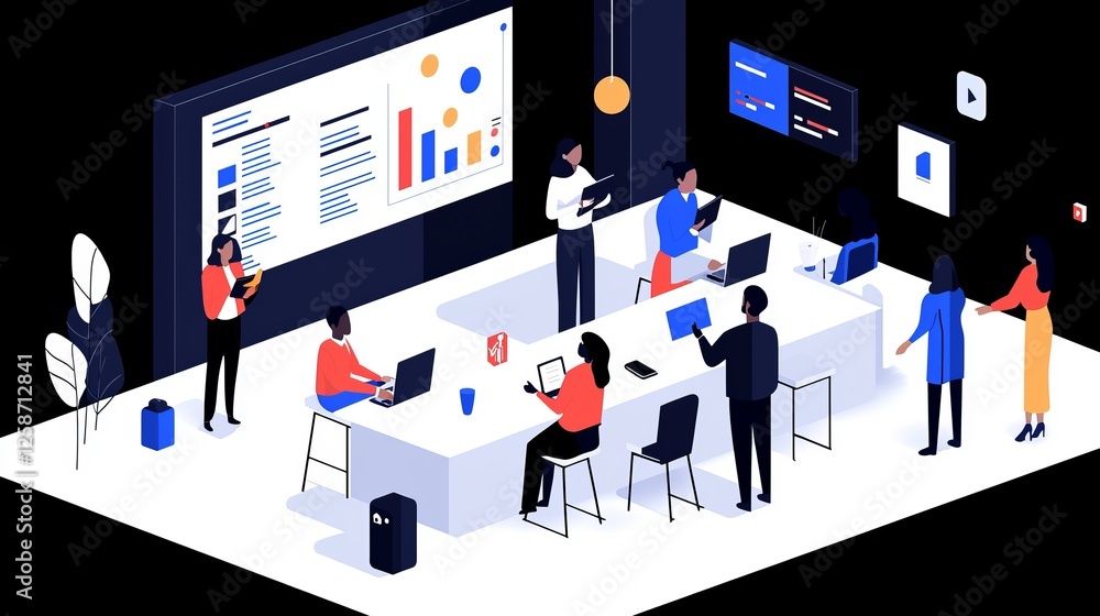Poster a modern office meeting scene featuring individuals collaborating around a table with laptops and di