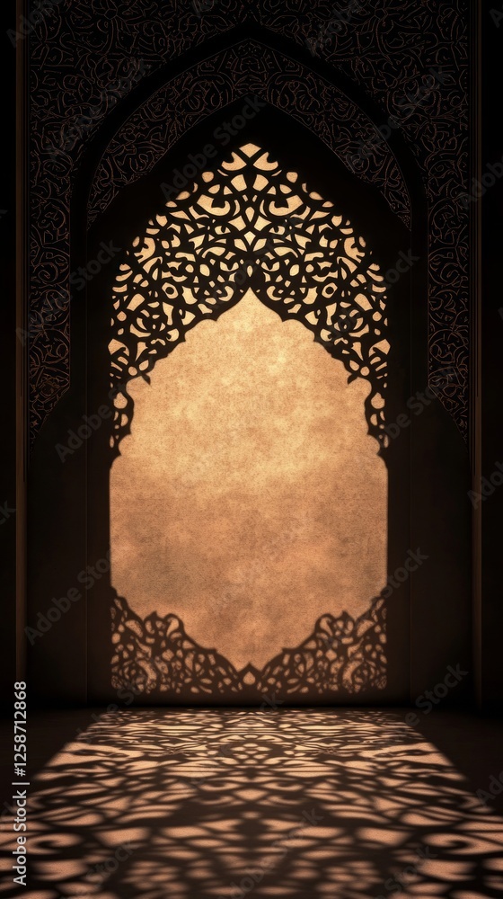Poster Intricate arabesque patterns cast beautiful shadows in soft lighting, creating an enchanting atmosphere reminiscent of a distant cultural heritage, inviting contemplation and serenity