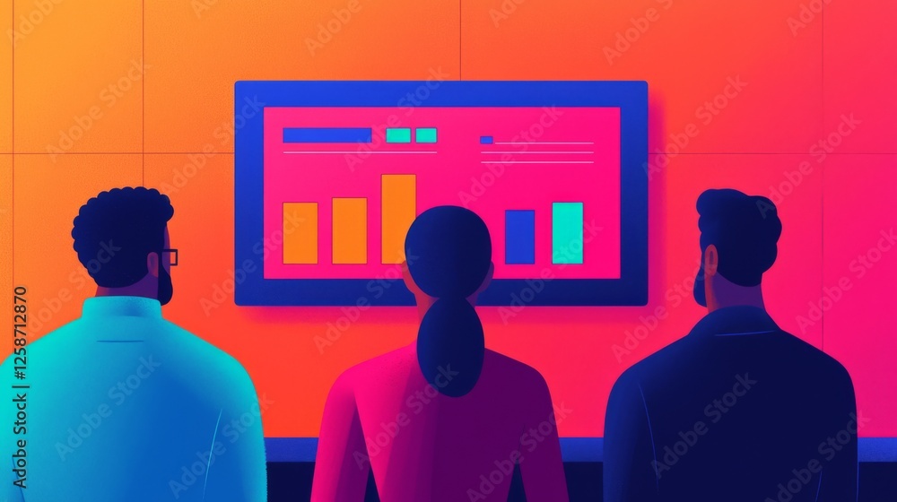 Poster three people observe colorful data visuals on a screen, immersed in analysis, set against a vibrant 