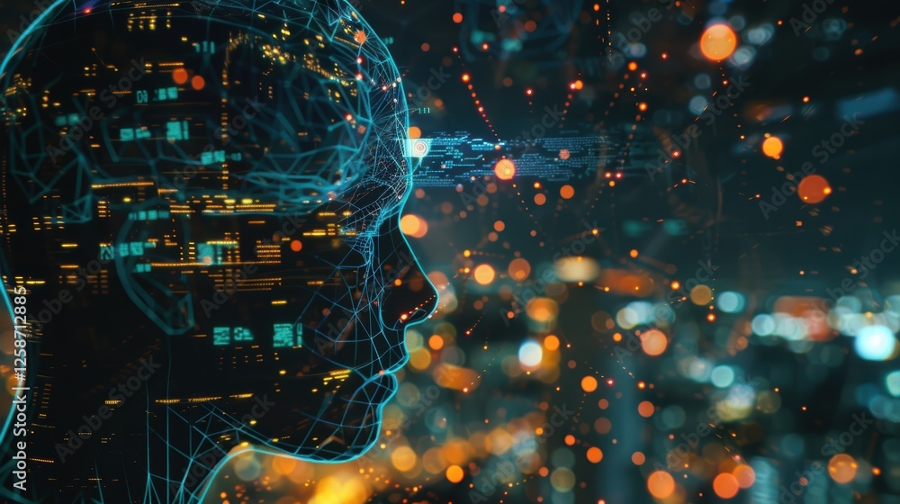 Poster futuristic brain-computer interface with glowing circuitry for technological innovation