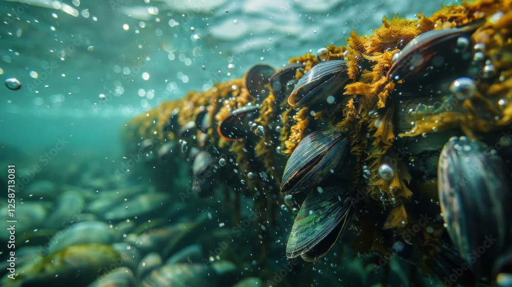 Poster Mussels and various sea life cluster on a submerged structure, surrounded by water bubbles and flowing algae, creating a vibrant ecosystem under clear sunlight.